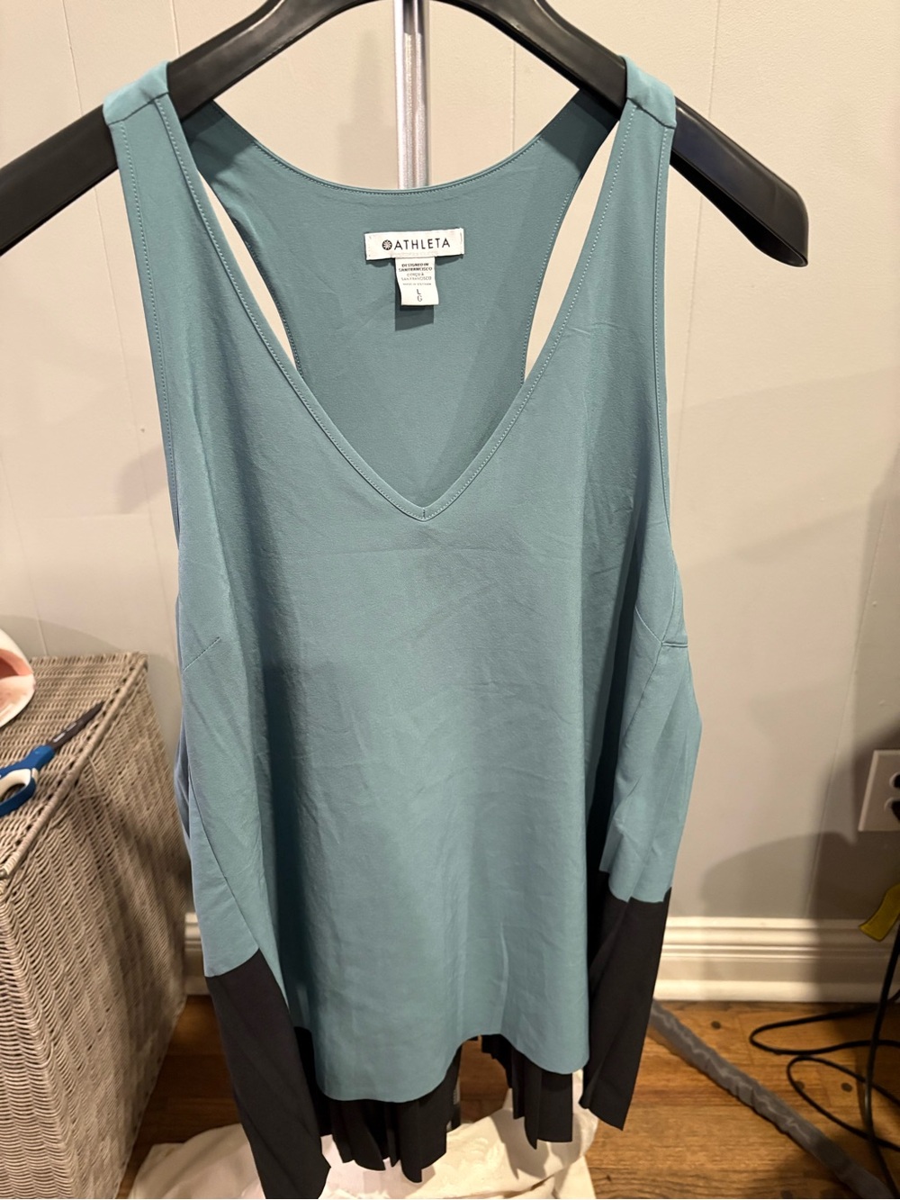Athleta Women's Teal V-Neck Racerback Tank with pleated back detail in black
